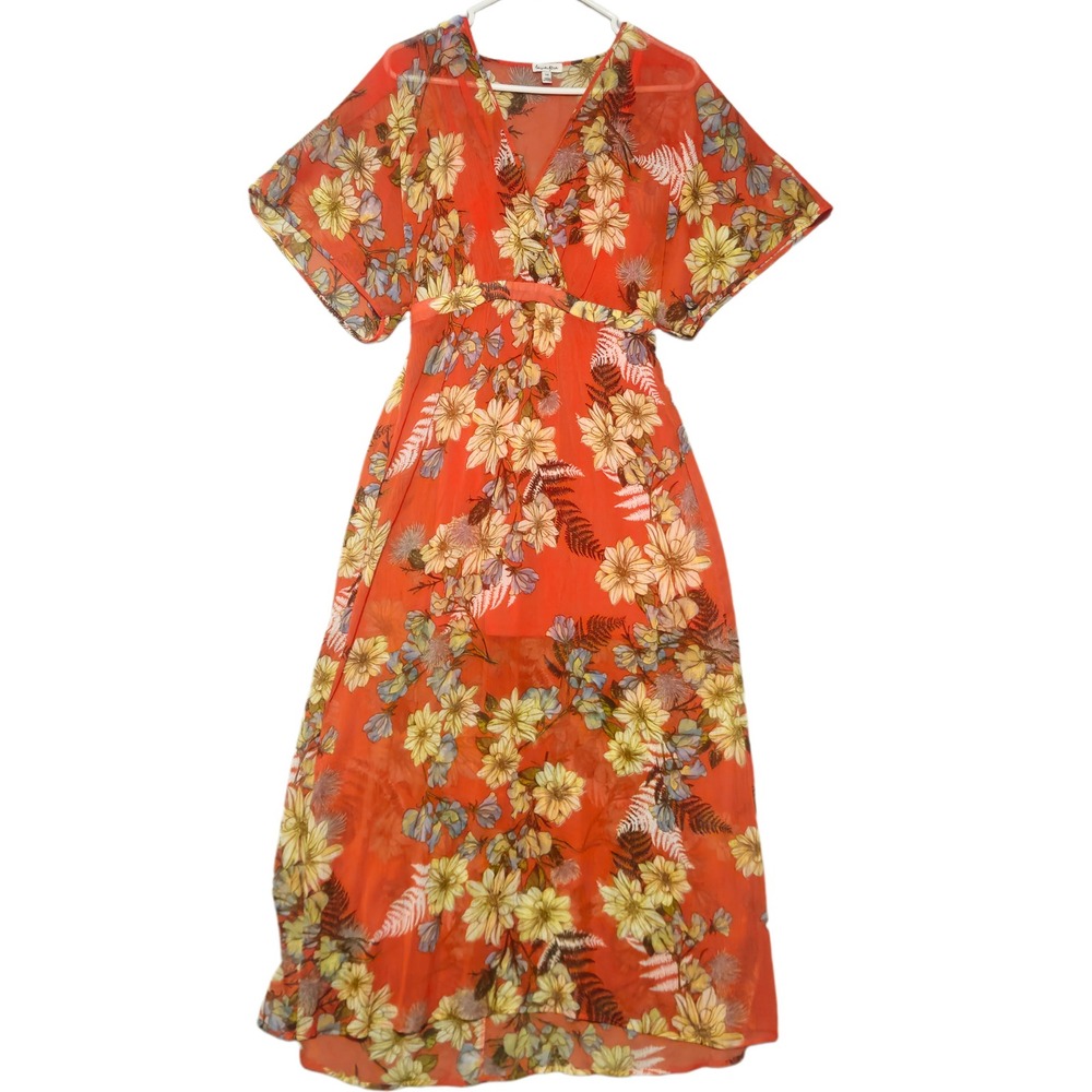 Love Fire Maxi Dress Womens Small Orange Floral V-Neck Short Sleeve Sheer Summer